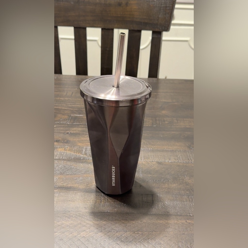 Starbucks 2012 Graphite Chiseled Stainless Steel Tumbler, 16oz, w/a metal straw